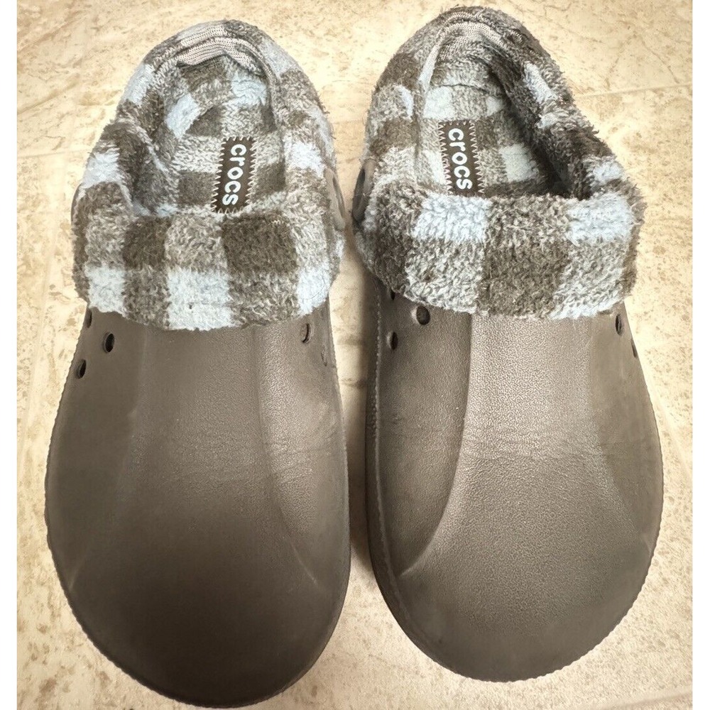 Crocs Blitzer Clogs Men 7 Women 9 Brown‎ Rubber Blue Plaid Fleece Lining